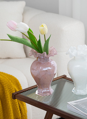 2025新款复古粉色玻璃花瓶中古风轻奢家居琉璃插花艺术装饰美器