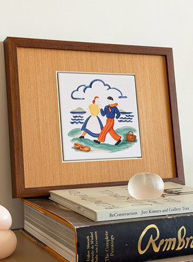 【瓷板画】松弛感中古实木框挂画彩色瓷板现代装饰画餐厅挂画玄关