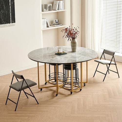 轻奢岩板折叠餐桌小户型家用圆形吃饭桌简约可收纳餐桌椅组合圆桌 - 图2