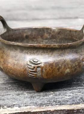 古董古GW00336玩收藏铜香炉加冲天耳炉铜香厚三足香炉文玩摆件老