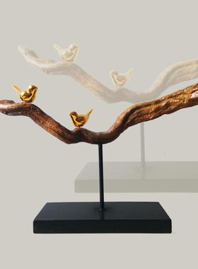 创意树脂工艺品树枝小鸟-春意新中式铁艺玄关客厅家居摆件