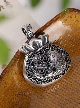 香包复古福袋银吊坠女999纯银个性鲤鱼吊坠长款项链龙凤吉祥镂空