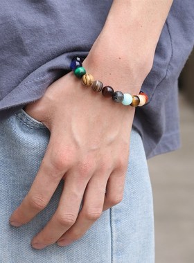 天然石头银河系手錬蓝砂石星空宇宙太阳系行星手串亚马逊品质