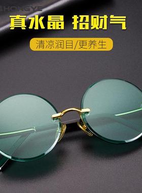 眼镜太阳水晶镜石头圆形复古东海墨镜石框墨绿无清凉圆男天然防款
