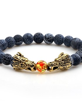 复古民族风火山石手串男士个性复古龙金属弹力绳手串裂纹石磨砂石