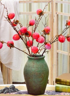 仿真柿子果枝带霜假柿子新年仿真花新中式家居装饰盆景摄影道具