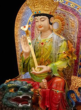 康盛文殊普贤菩萨佛像黄铜彩绘铜像普贤居家供奉摆件骑兽文殊普贤