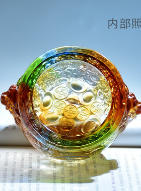 琉璃八方纳财聚宝盆装饰摆件水晶店铺招财聚财办公室桌高端工艺品