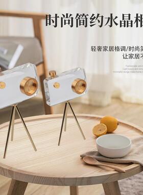 时尚轻品奢简居约艺三叉水晶相机水晶相机摆件金属工家卧室桌面茶
