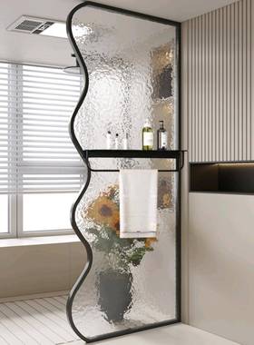 奶油风淋浴房玻璃屏风卫生间遮挡置物干湿分离铁艺不锈钢浴室隔断