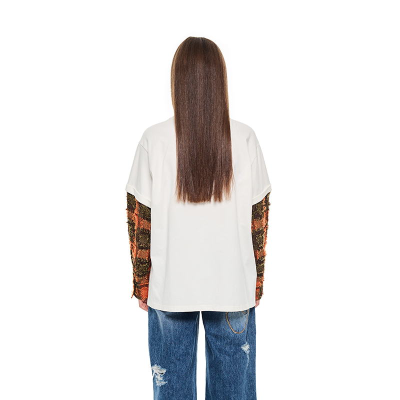 ANDREA MARTIN秋冬新款logo印花衬衫拼接翻袖设计长袖卫衣T恤 - 图2