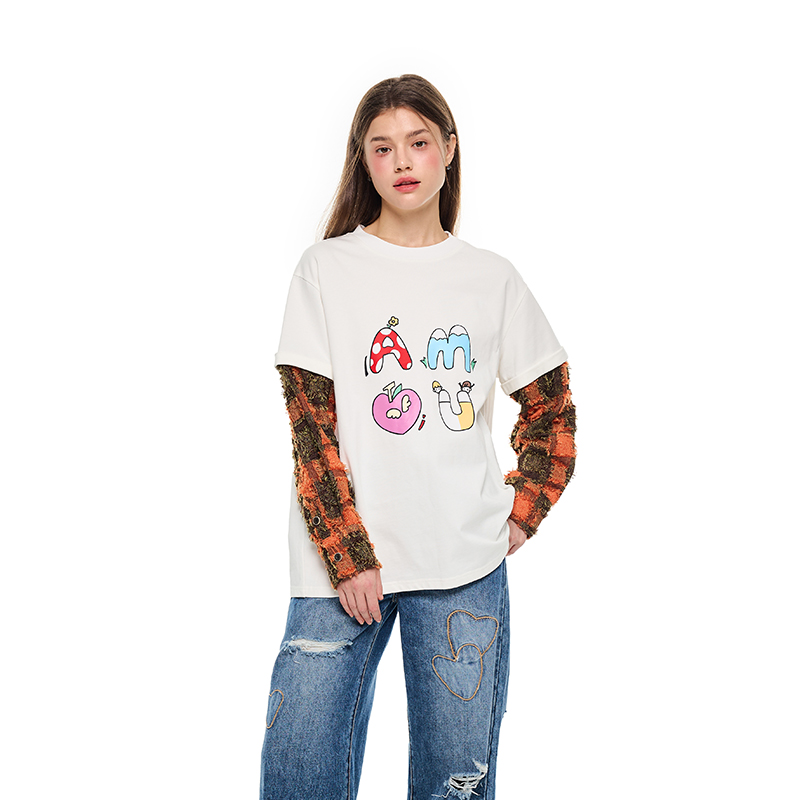 ANDREA MARTIN秋冬新款logo印花衬衫拼接翻袖设计长袖卫衣T恤 - 图0