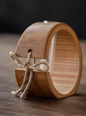 创意中式覆古圆形插花器禅意竹筒水培迷你花器桌面摆件竹制小花瓶