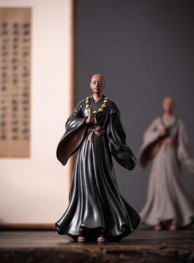 禅意紫砂工艺品大号小和尚摆件中式茶道文化配件茶室博古架装饰品