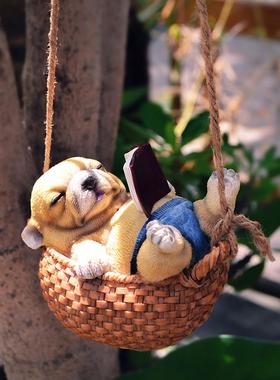 花园户外装饰卡通动物秋千兔树脂狗狗摆件庭院阳台树上田园风挂件