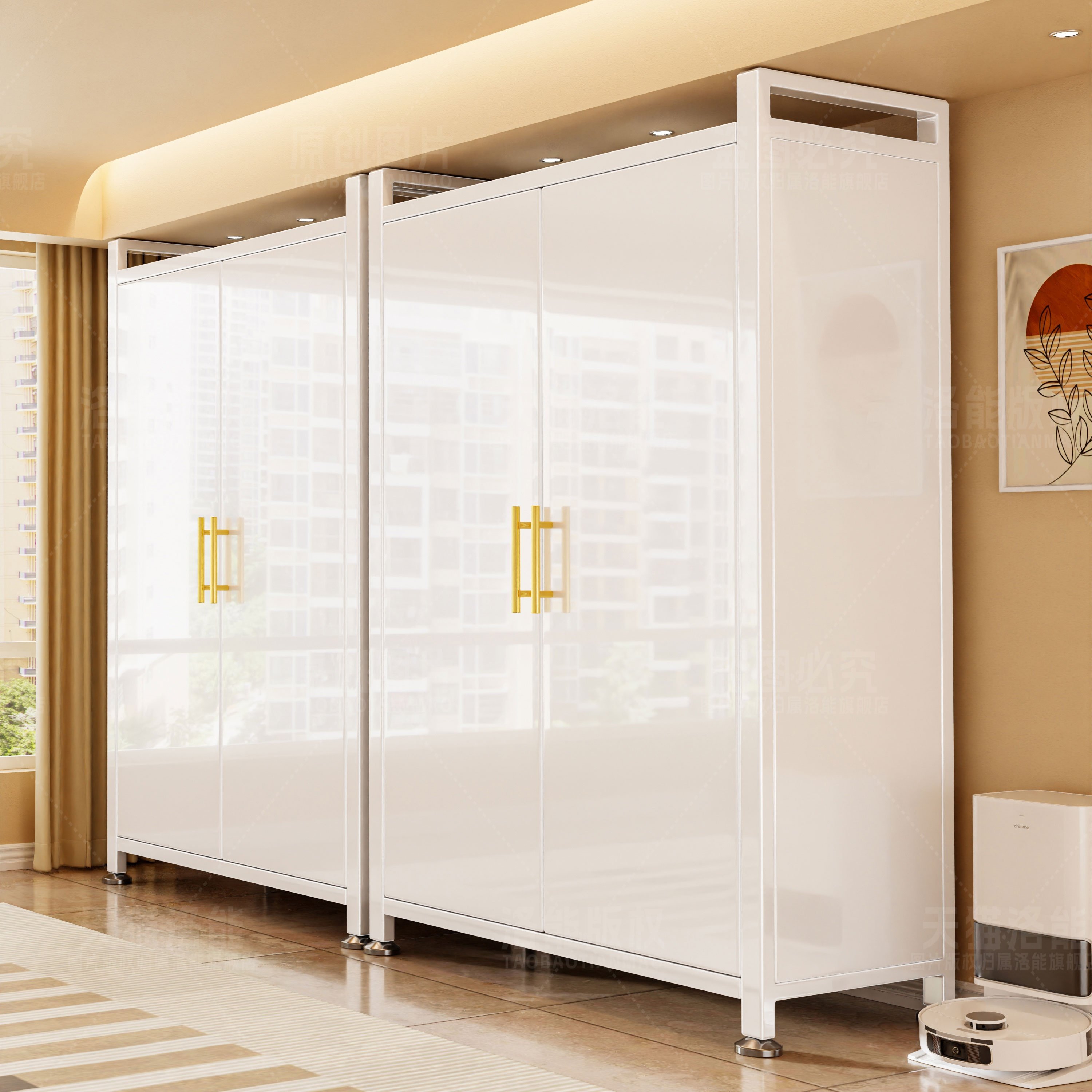 钢制家用阳台柜杂物收纳储物柜卧室靠墙一体衣柜多层防尘防晒柜子,淘宝优惠券,粉丝福利购,淘宝优惠卷