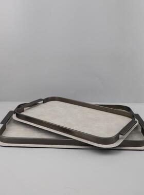 现代革简约方形居金属皮托盘摆件客厅卧室样板间1155家装饰厂品家