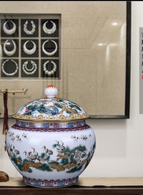 速发景德镇陶 瓷手绘百鹤图茶叶罐客厅茶室茶桌储物罐装饰工艺品