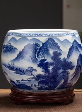 景德镇陶瓷器手绘青花瓷聚宝盆客厅玄关桌面中式装饰摆件招财鱼缸