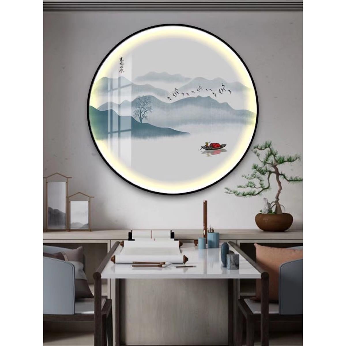 新中式圆形灯画玄关书房背景装饰画水墨风景意境山水茶室圆挂画 - 图1