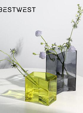 博西家居不规则灰色透明水培扁缸插花花ins家居软装饰品花器