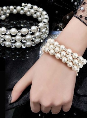 复古古典三层水钻珍珠手链 Lolita多层弹力手链手饰