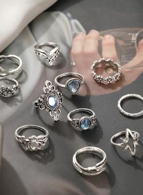 rings women 11pcs set 雕花镶钻星空宝石树叶复古关节戒指11件套