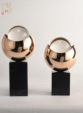 厂销新中式水晶球摆件样板房酒店金属别墅摆件大理石底座饰品品