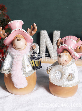 粉色可爱麋鹿耶诞老人摆件创意家俱耶诞节日桌面带灯小鸟装饰品