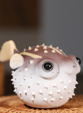 宜兴紫砂茶宠河豚创意茶具摆件可养茶桌台装饰纯手工精品雕塑茶玩