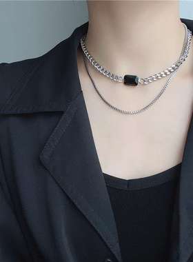 Personality simple black gem double-layer titanium steel nec
