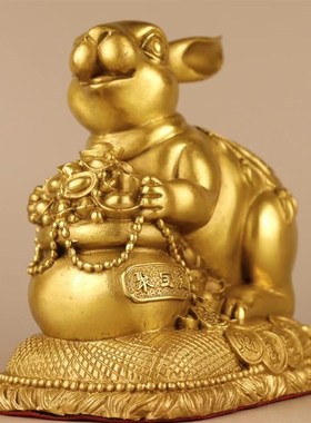 极速黄铜聚宝盆存钱罐兔子摆件生肖兔钱袋兔家居办公室装饰工艺礼