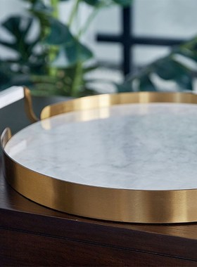 大理石圆形托盘样板间客厅提手置物盘茶几摆盘收纳盘美式桌面摆件