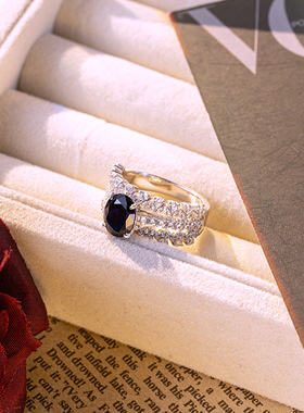 澄一珠宝S925银镀18k蕾丝叠戴椭圆2克拉培育红蓝宝复古女士戒指