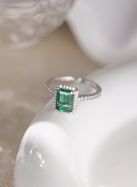 澄一珠宝S925银镶2ct培育祖母绿6*8指环女复古百搭戒指