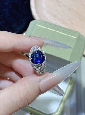 澄一S925纯银镶嵌实验室培育皇家蓝宝石糖塔2.5克拉戒指女