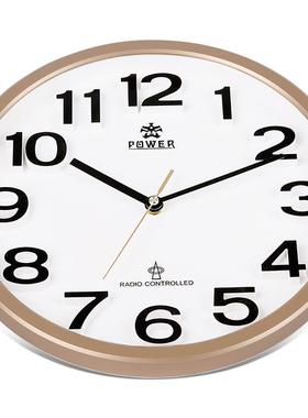 POWER霸王13英寸精准对时圆形电波挂钟立体大数字客厅挂表PRC916