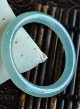 手镯冰种青玉镯天冻镯子圆条玉石天然款海蓝宝少女翡翠蓝水岫玉子