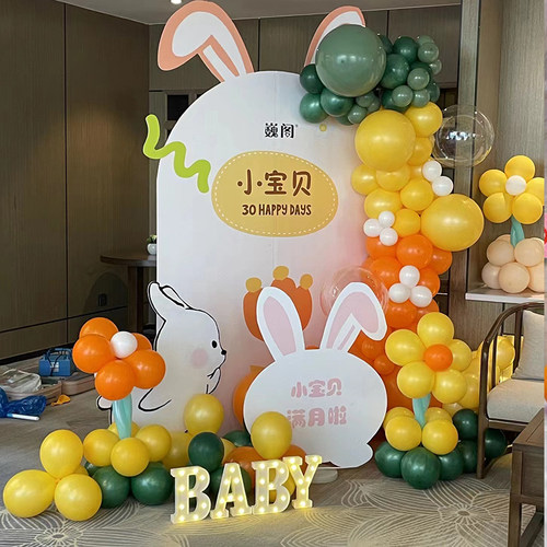 兔宝宝满月宴百日100天气球布置场景装饰酒店KT板背景墙定制套餐 - 图1