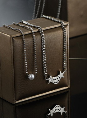 欧美跨境饰品女士珍珠项链嘻哈星星笑脸钛钢项链女小众设计感吊坠