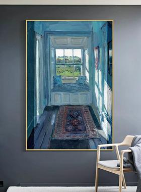 北欧风格蓝色玄关装饰画简约走廊过道挂画大尺寸落地风景客厅壁画