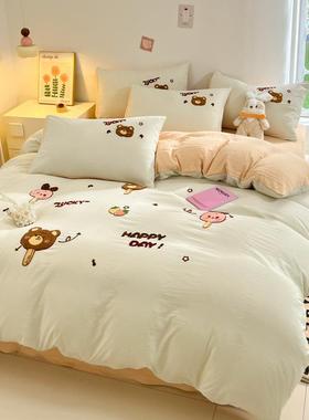 毛巾绣四件套床单卡通水洗棉被套学生床上三件套床笠款4
