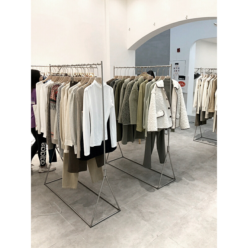 。服装店展示架不锈钢拉丝陈列架女装店落地式银色中岛架挂衣杆货 - 图0