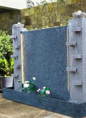 大型假山石材水幕墙流水屏风喷泉水系景观户外庭院鱼池造景布置