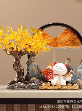 发财树酒招猫创意文创发财树招饰摆件客厅柜装品流沙财招财树脂工