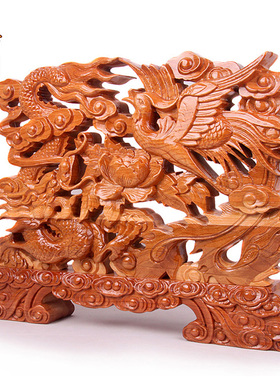 速发天御阁创龙凤呈祥摆件桃木雕刻工艺品家居客厅装饰品 结意婚