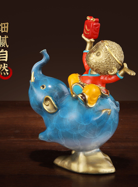 速发纯黄铜艺侯拜相摆件铜大象居猴福象家铜办公室工封品礼物