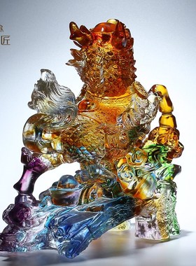 速发琉璃艺术品招财送子麒麟气件厅宅公母一对客镇装饰乔迁大摆实