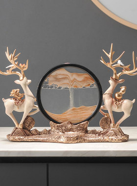 速发新中式沙漏流沙画财福鹿摆件玄关酒柜电视柜装饰品工艺品新居