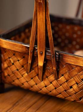 手工竹编收提提篮子做旧日式水果篮茶具收纳篮便携食盒竹制工艺品